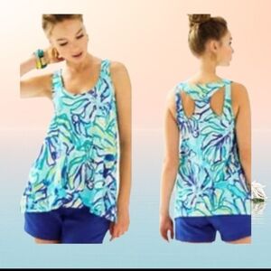 Lilly Pulitzer Womens Monterey Tank Size M Pool Blue Stay Cool Palm Trees Cruise